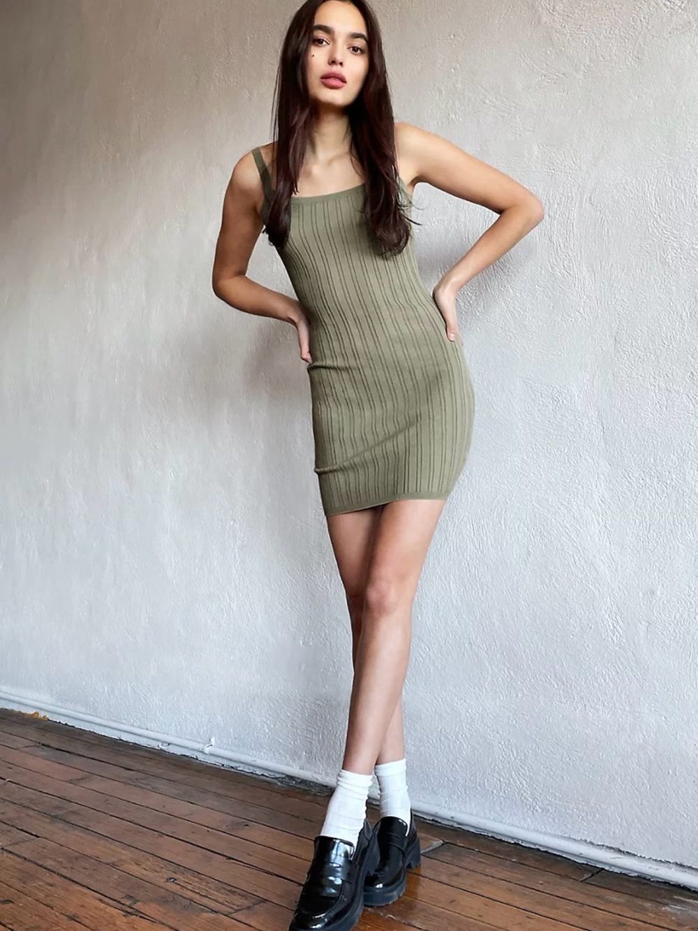 Aritzia Sunday Best - “Massey Dress” Olive Ribbed Knit Mini Dress